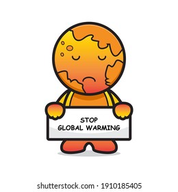 Cute earth mascot character stop global warming cartoon vector icon illustration. Nature icon concept isolated vector. Flat cartoon style