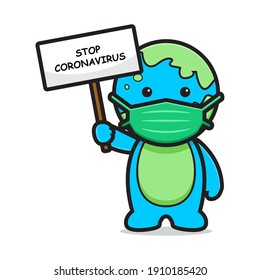 Cute earth mascot character wearing mask stop coronavirus cartoon vector icon illustration. Nature icon concept isolated vector. Flat cartoon style