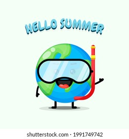 Cute earth mascot wearing diving gear with summer greetings
