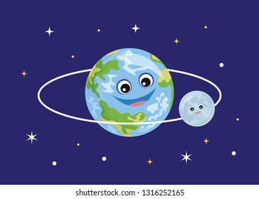 Cute earth and moon against the starry sky. Funny cartoon characters. 
Vector illustration in simple flat style.