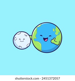 Cute earth with moon cartoon character. World mascot icon concept. Flat style science cartoon logo mascot