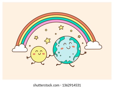 Cute Earth and Moon for postcards, banners, t-shirts. Vector illustration EPS 10.