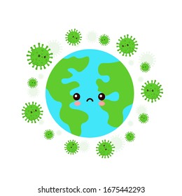 Cute Earth planet attacked by Corona virus. Vector cartoon character illustration. Isolated on white background