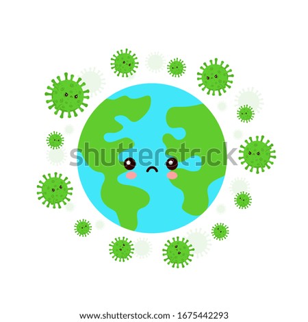 Cute Earth planet attacked by Corona virus. Vector cartoon character illustration. Isolated on white background