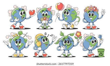 Cute Earth planet cartoon characters kawaii emoji sticker for world environment day celebration