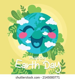 Cute earth planet cartoon with natural leaves Happy earth day Vector