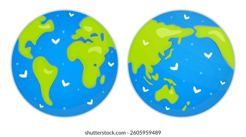 Cute Earth planet cartoon in two prejections. Bright color illustrations for Earth day and Environment day. Globe sphere in green and blue colors. Ecology concept, save and love nature
