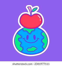 Cute earth planet character and apple fruit, illustration for t-shirt, sticker, or apparel merchandise. With doodle, retro, groovy, and cartoon style.