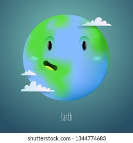 cute earth planet character in space with clouds as a part of solar system for kids education or ecology banners