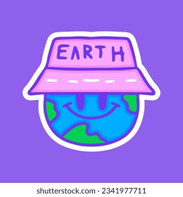 Cute earth planet character wearing bucket hat, illustration for t-shirt, sticker, or apparel merchandise. With doodle, retro, groovy, and cartoon style.