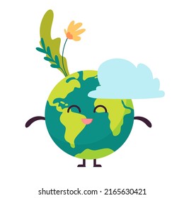 Cute Earth Planet happy vector character. Flat smiling kids planet eco concept. Baby Earth planet with flowers and cloud.