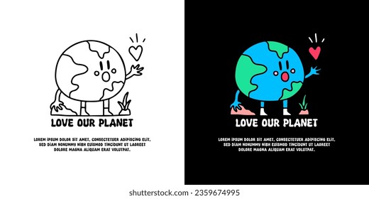 Cute earth planet mascot holding love symbol with love our earth typography, illustration for logo, t-shirt, sticker, or apparel merchandise. With doodle, retro, groovy, and cartoon style.