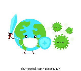 Cute Earth planet in mask fight with coronavirus infection.Vector flat style cartoon character illustration