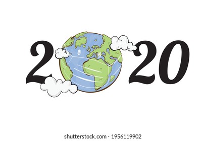 Cute Earth Planet in mask, Typography for print or use as poster, card, flyer or T Shirt