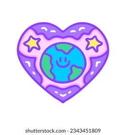 Cute earth planet on love shape, illustration for t-shirt, sticker, or apparel merchandise. With doodle, retro, groovy, and cartoon style.