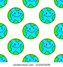 Cute earth planet with smile face, seamless pattern background illustration for t-shirt, sticker, or apparel merchandise. With doodle, retro, and cartoon style.