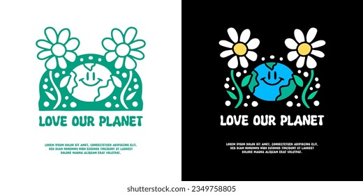 Cute earth planet and sunflowers with love our planet typography, illustration for logo, t-shirt, sticker, or apparel merchandise. With doodle, retro, groovy, and cartoon style.
