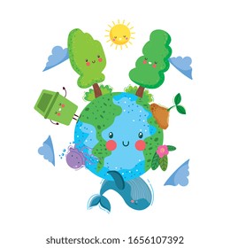 cute earth planet with trees sun clouds plants whale flowers jellyfish and trash bin characters. vector illustration