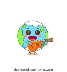 Cute earth playing guitar mascot design illustration