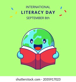 Cute Earth Reading a Book Cartoon Illustration. Education Mascot Cartoon Characters.
