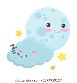 Cute earth with sleeping cloud. Cute forecast weather cartoon vector illustration