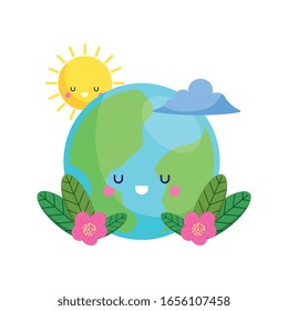 Cute Earth And Sun Character With Cloud And Plant With Flowers. Vector Illustration