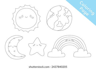 Cute earth sun elements. black and white outline cartoon vector for kids coloring page. Printable coloring page template cartoon vector.