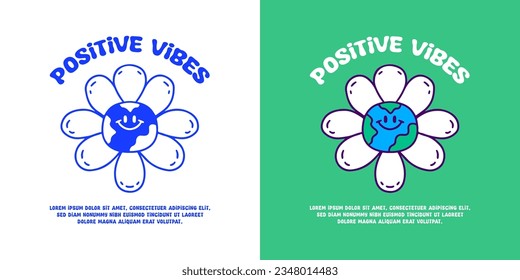 Cute earth sunflower with positive vibes text, illustration for logo, t-shirt, sticker, or apparel merchandise. With doodle, retro, groovy, and cartoon style.