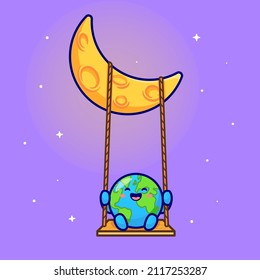 Cute Earth Swing On Moon Cartoon Vector Icon Illustration. Science Nature Icon Concept Isolated Premium Vector. Flat Cartoon Style