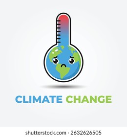 Cute Earth with thermometer illustration showing global warming and climate change message.