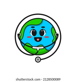cute earth wearing a stethoscope. world health day vector illustration.