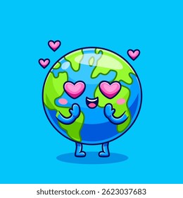 Cute Earth World Globe Falling In Love Ilustración de Vector de dibujos animados. Ciencia Personas Icon Concept Vector Premium aislado. Estilo plano de la historieta