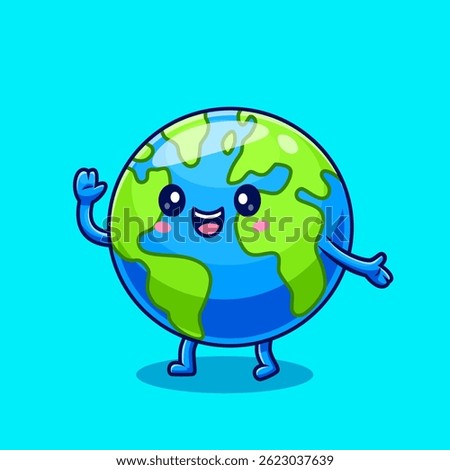 Cute Earth World Globe Waving Hand Cartoon Vector Icon Illustration. Science People Icon Concept Isolated Premium Vector. Flat Cartoon Style