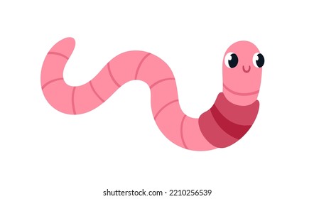 Cute earth worm. Happy smiling earthworm crawling. Amusing adorable insect character, grub with positive cheerful face expression. Childish flat vector illustration isolated on white background