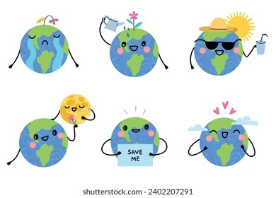 Cute Earths. Cute planet character, funny ecological mascot, different emotions, cartoon emoji, kawaii smiling and sad faces, vector set.eps
