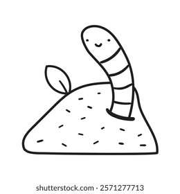 Cute earthworm in compost. Outline icon. Vector illustration on white background.