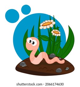 A cute earthworm sits on the soil in the grass. Cartoon vector illustration for children