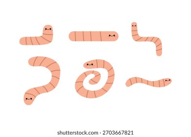 Conjunto De Elementos De Ilustração De Vetor De Minhoca. Engraçado Wiggling Worm Character Coleção para pesca, jardim, e tema de composto