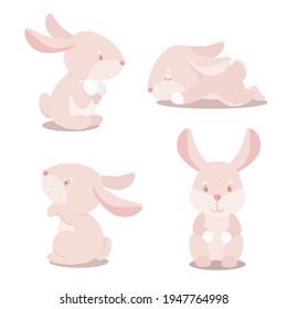 Cute easte bunny vector illustrations Pink cartoon flat rabbit character icon collection.