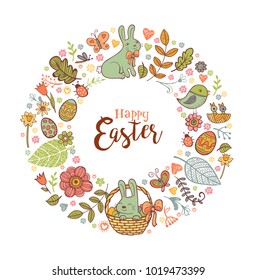 Marco festivo para la celebración de la fiesta de la fiesta para la tarjeta de bienvenida con símbolos tradicionales de vacaciones. en estilo doodle con conejo Cute Easter en una canasta de fondo blanco.