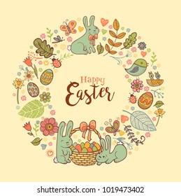 Cute Easte festive frame for greeting card with holiday traditional symbols. in doodle style with Cute Easter Bunnes on beige background.