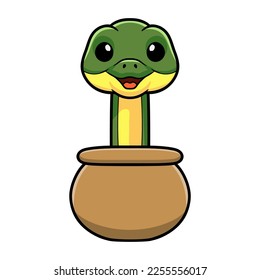 Cute easten racer snake cartoon inside the pot