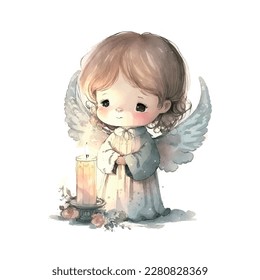 Cute Easter angel with a candle in his hands Watercolor Cartoon Christmas on white background