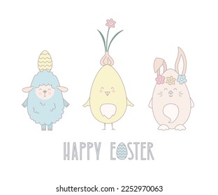 Cute easter animals baby funny vector illustration. Chick, bunny, lamb at pastel color for card, banner.