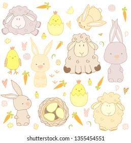 Cute Easter animals: sheep, bunny, chicken. Easter design.