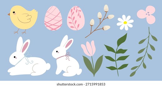 Animales lindos de Pascua y Elementos florales de primavera Vector Set