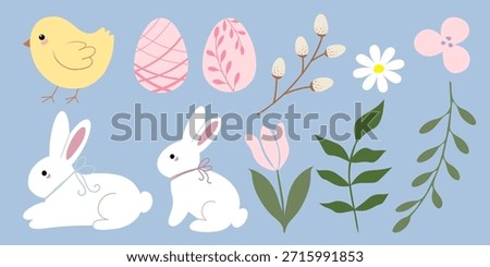Cute Easter Animals and Spring Floral Elements Vector Set