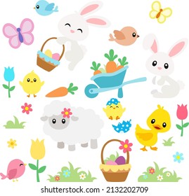 Cute Easter Animals Vector Set on Transparent Background