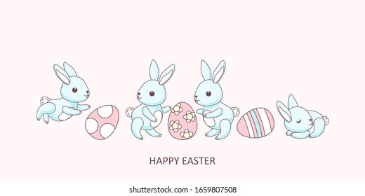 Cute Easter babies bunnies and Easter eggs. Greeting card, vector illustration