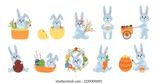 Cute easter baby bunny. Cartoon bunnies drawing, rabbit with egg and flowers. Holiday eggs hunt, kids festive spring or new year classy vector characters